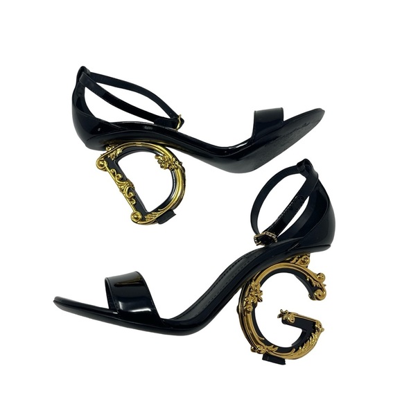 Dolce&Gabbana Black Gold Sculpted-Heel Baroque DG Patent Leather Sandals sz 38 8 - Picture 4 of 13